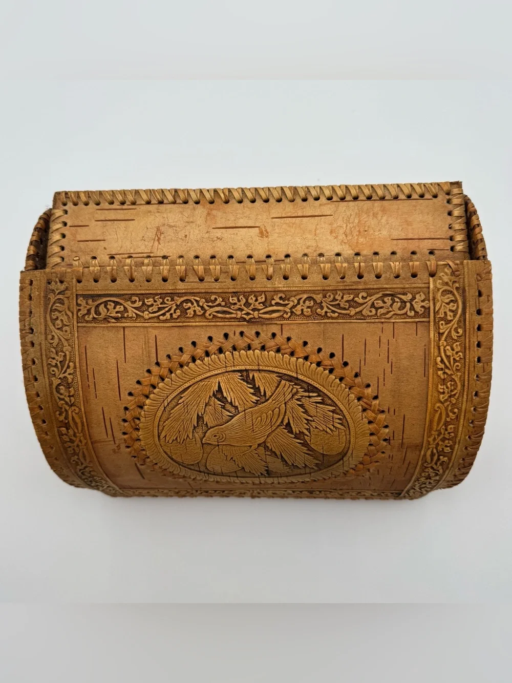 Handcrafted Birch Bark Storage Chest with Bird Carving – Rustic Folk Art